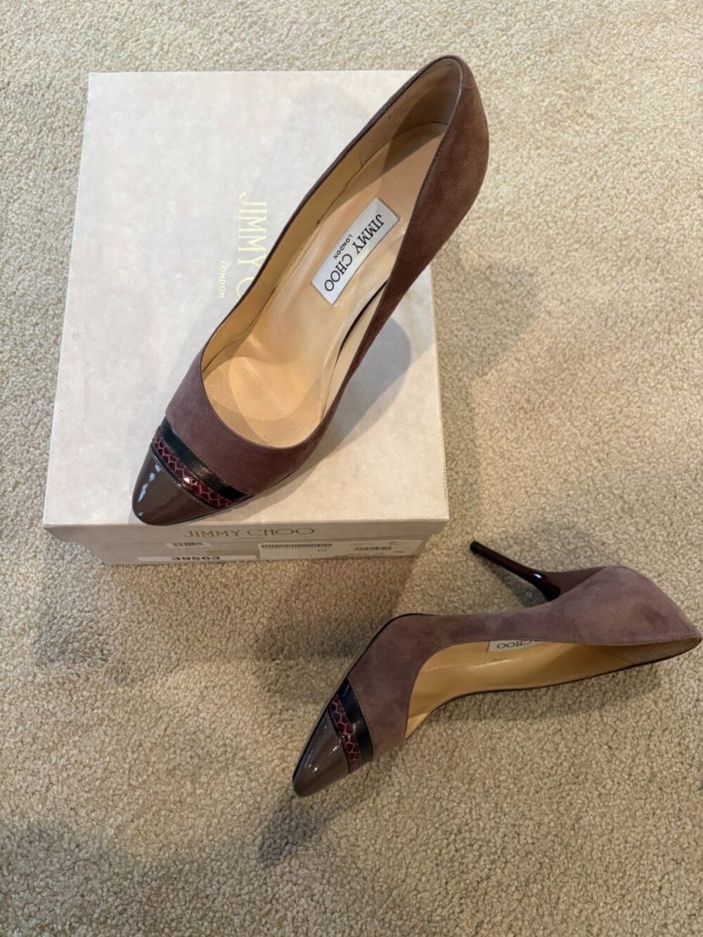 Jimmy Choo 85m leather/suede pumps in burgundy and rosewater